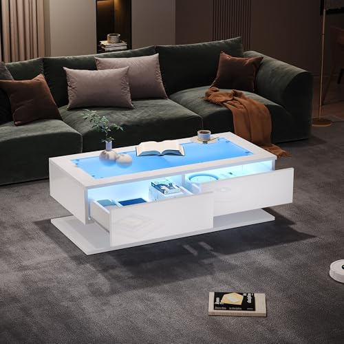 VSOGA Table basse 100 × 50 × 35 cm – Haute brillance avec tiroirs, table basse avec lumière LED, plateau en verre, blanc