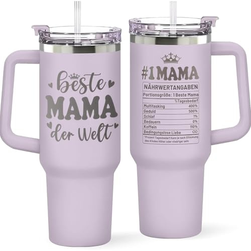 Anugsoe Muttertagsgeschenke für Mama – Beste Mama Geschenk zum Muttertag Geburtstag - Thermobecher 1,18L mit Strohhalm & Griff - Mutter Geschenk von Tochter und Sohn