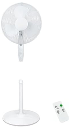 Genérico Ventilador de Pie 16” (40cm) 40W con Mando a Distancia – 3 Velocidades, Oscilación Automática, Altura Ajustable 105–130cm, Silencioso, Color Blanco – Neos Comfort