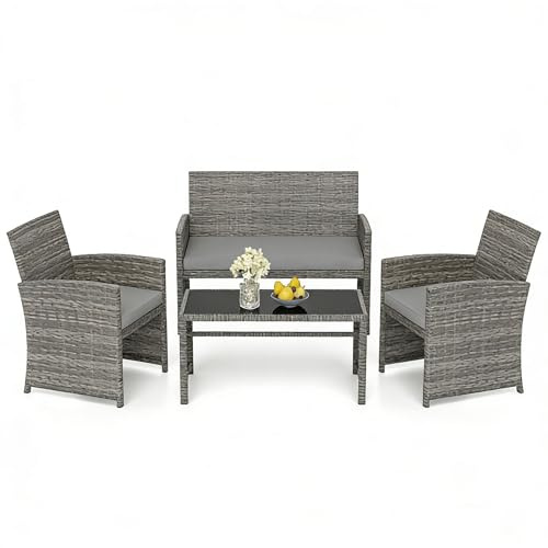 GIANTEX 4-teiliges Gartenmöbel Set, Outdoor Rattan Balkonmöbel mit gehärtetem Glas-Couchtisch, 2-Sitzer Sofa, 2 Einzelsesseln, Kissen, Balkon Sofa für Terrasse, Balkon, Garten (Grau+Grau)