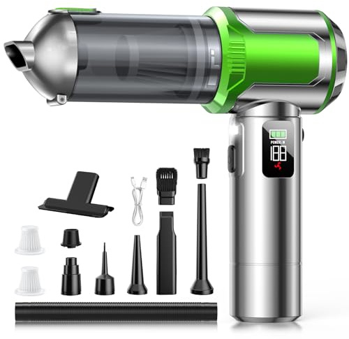 Handstaubsauger, 17000Pa Stark Akku Staubsauger Kabellos, 1-Touch Staubentleerung, 3 Stufen Bürstenloser Motor 4-in-1 Mini Staubsauger mit HD Display/LED Beleuchtung/Schnellladung, Silber & Grün
