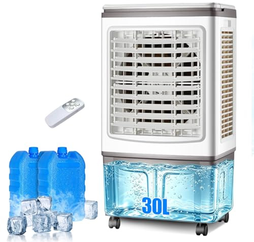 Raffrescatore Evaporativo 30L, Ventilatore ad Acqua con Telecomando e Siberini, Flusso d'Aria Potente, Grande Serbatoio, Climatizzatore Evaporativo Portatile per Grandi Ambienti, Salotto e Garage