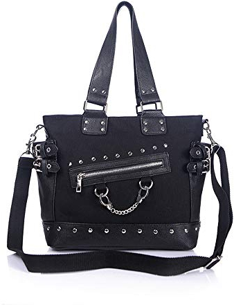 KEEPOP Damenmode Niet Handtasche Geldbörse Leinwand Punk Tote mit Schultergurt Umhängetasche Große Kapazität Schwarz