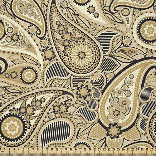 ABAKUHAUS Paisley Microfaser Stoff als Meterware, Asiatische Blumen Streifen, DIY Bastler Stoff für Dekorationszwecke, 10M (230x1000cm), Weiß Schwarz und Braun