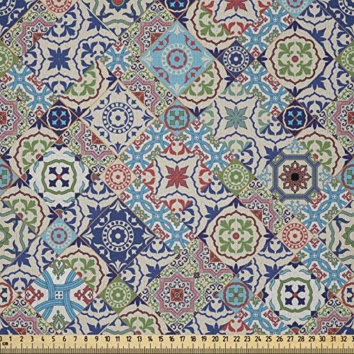 ABAKUHAUS orientalisch Stoff als Meterware, Patchwork-Mosaik-Fliesen, Microfaser Multi Zweck Dekostoff für Kunsthandwerke, 3M (230x300cm), Beige Blau Grün