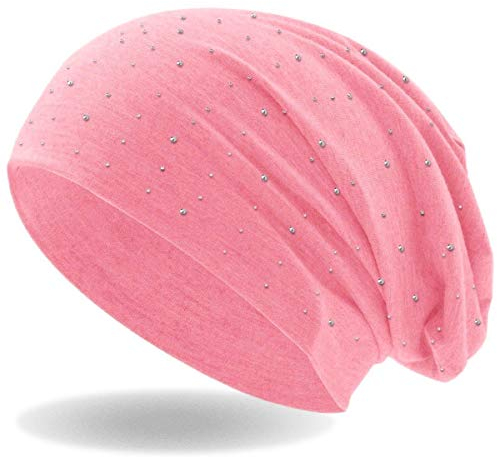 Hatstar Damen Beanie Mütze | mit edler Strass Nieten Applikation | Mädchen Mütze | elastisches Slouch Long Beanie | leicht und weich (rosa)