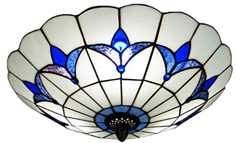 LANMOU Tiffany Style Deckenleuchte Unterputz Deckenlampe Mediterrane Glasschirmlampe Halbunterputz Deckenbeleuchtung mit E27-Glühbirnen Blau und Weiß, Ø25cm