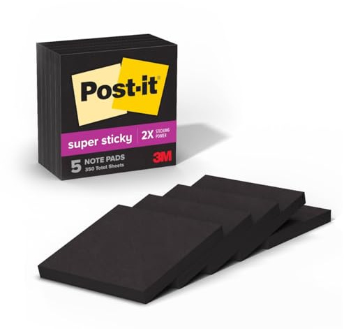 Post-it Super Sticky Notes, 2X Sticking Power, Black, 5-Pads/Pack (654-5SSSC)