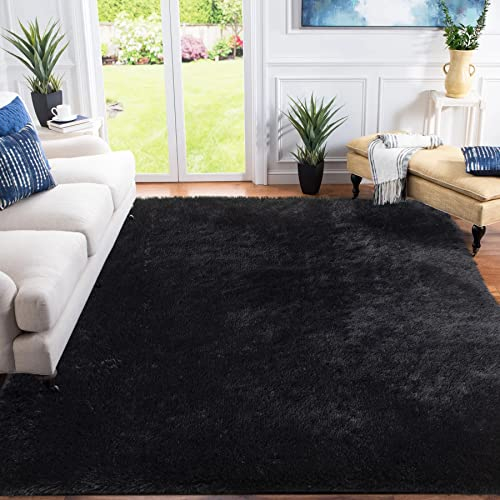XSIVOD hochflor Wohnzimmer Teppich, Schlafzimmer Bettvorleger, Moderner zottelig flauschig weich Teppiche für Kinderzimmer Anti-Rutsch Unterseite waschbar, 120x160 cm, Schwarz