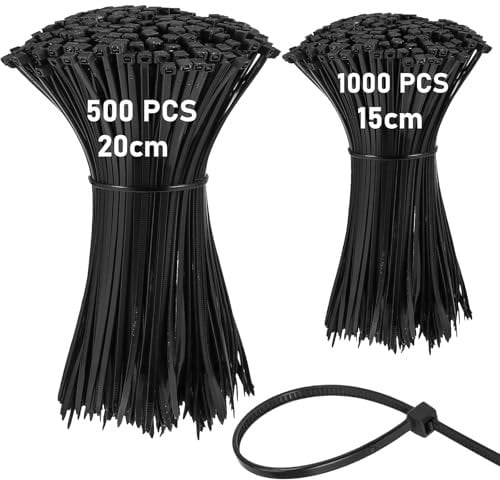 ZEONHEI 1500 PCS Black Cable Ties, 150mm & 200mm Heavy Duty Nylon Self-Locking Tie Wraps for DIY, Home, Garden, Garage & Workshop