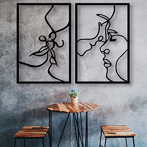 TJJTQP 3D Wandobjekt modern 2er Set, Wanddekoration Metall, Wanddeko Porträts, Gesichter aus Draht schwarz, Metall abstrakte Gesichtswanddekoration (60X50CM/24X20IN)