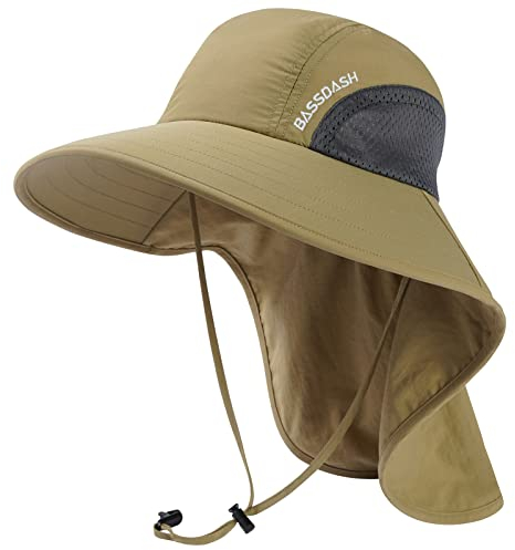 Bassdash Unisex Sonnenhut UPF 50+ Angelhut wasserabweisend breite Kremp mit großem Nackenschutz Pferdeschwanz Herren Damen