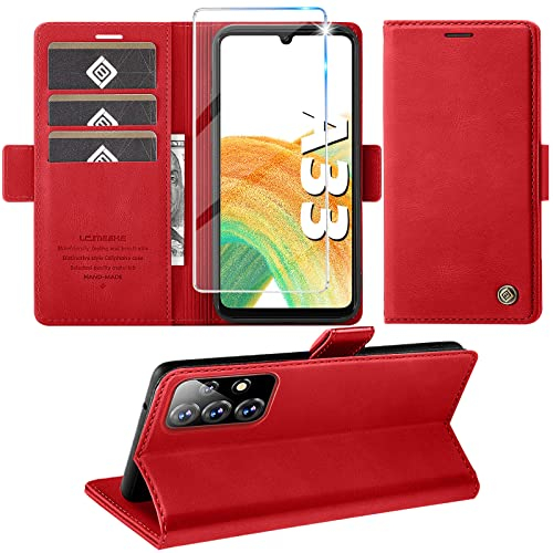 Handyhülle für Samsung Galaxy A33 5G Hülle mit Schutzfolie, Standfunktion Kartenfach Wallet Premium Leder Schutzhülle für Samsung A33 5G Flip Case Klapphülle 6.4 Zoll (Rot)