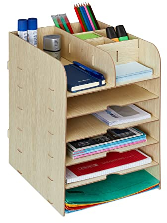 Relaxdays Schreibtisch Organizer mit Dokumentenablage, 12 Fächer, HBT: 34,5 x 25 x 32 cm, Büroorganizer MDF, hellbraun