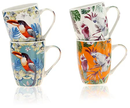 Flanacom Set di 4 Tazze da Caffè Premium Design Floreale - Grandi Tazze in Ceramica 300 ml - Colorate Tazze da Tè - Regalo per Donne (Birds)