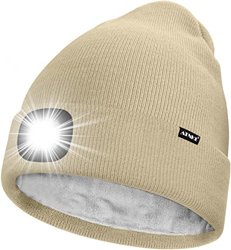 ATNKE LED Mütze mit Licht,Wiederaufladbare USB 4 LED Beleuchtete Laufmütze Extrem Heller Lampe Winter Warme Gefüttertes Fleece Stricken Mütze für Herren und Damen Geschenke/Beige