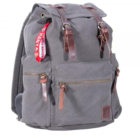 Hanta Nature Rucksack Canvas 20L, Wanderrucksack aus Canvas-Stoff für Outdoor-Ausflüge, Camping, Alltag oder Schule für Damen und Herren mit Lederriemen und Reißverschlüssen - Grau