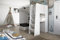 Marlux-Meble Hochbett JSM-7 90x200 TREPPE RECHTS mit Schreibtisch Schränke und Ausklappbares Sofa 70x180 Hochglanz Funktionsbett Etagenbett Stockbett Kinderhochbett Jugendhochbett (Beige Glanz)