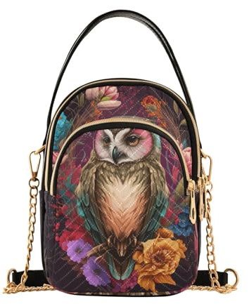 GAIREG Gold Chain Floral Red Quilted Purse Bag Travel Handtaschen, Eule im Blumenbusch