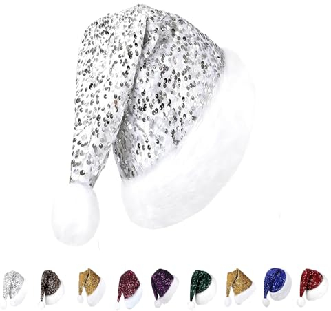 YAAVAAW Silber Pailletten Weihnachtsmütze für Erwachsene Kinder,35 * 45cm Nikolausmütze Plüsche Weihnachtsmann Mütze,Warm Dicker Nikolaus Mütze Santa Clause für Männer Frauen Familie Weihnachtsfeier