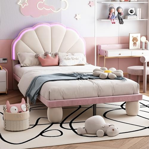 Aunvla Letto imbottito con strisce luminose LED variabili multicolore, testiera con gambe rotonde imbottite, lettino con doghe in legno, letto singolo, velluto, beige+rosa, 90 x 200 cm