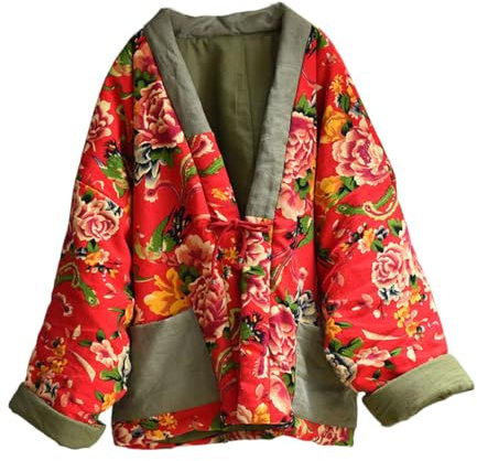 NFYM Veste matelassée en coton doux pour femme Motif floral, Pivoine rouge, taille unique