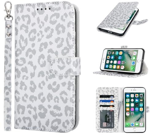 Zouzt Case for iPhone 8 Plus / 7 Plus (5.5 Inch), Premium PU Leather Wallet Case with Credit Card Holder Slot Flip Folio Kickstand Shockproof Protective Phone Cover (White Leopard Pattern)