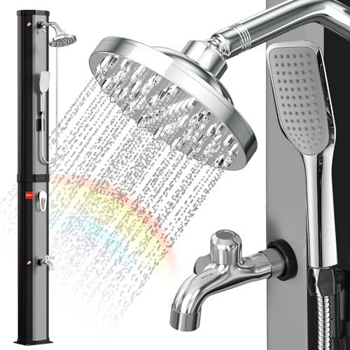 Eulenke solardusche Garten 60 Liter | 226 cm | gartendusche solar | warmes Wasser max. 60 °C | außendusche mit handbrause & Wasserhahn | Inkl. Schutzhaube | Regenduschkopf und Wasserhahn | Silber
