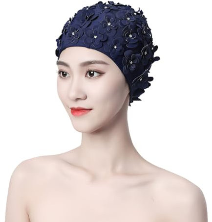 Gorro de natación vintage con flores 3D para mujeres y niñas, gorro de natación de tela transpirable floral para playa, piscina, gorro de natación, gorro de baño para primavera, spa, baño, gorro de