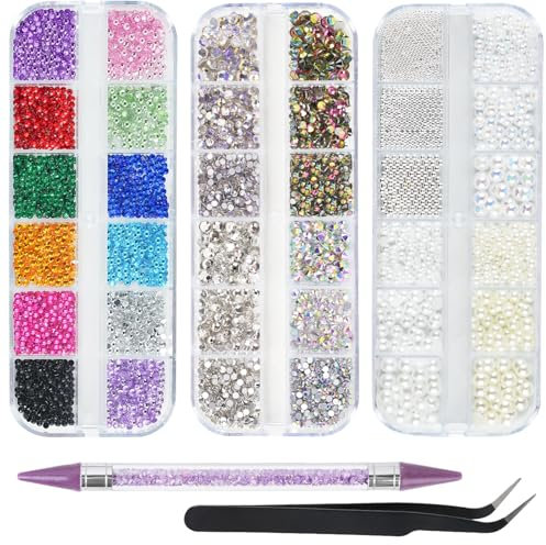 EARLMONI 5200PCS Nail Gems for Nail Art, AB Crystal Flat Back Rhinestones Nail Charms with Nail Pearls, Rhinestone Picker Tool, Dimonties Gems Rhinestones for Face Eye Makeup