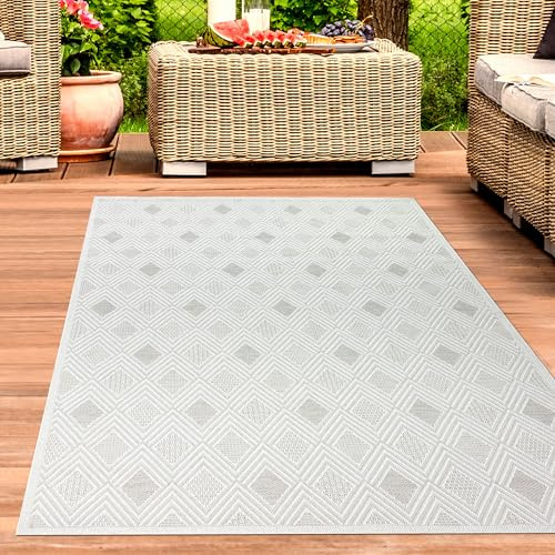 CARPETIA Outdoor Teppich Rautenmuster Creme Wetterbeständig 200x290 cm | Wetterbeständig, robust, leicht zu reinigen und allergikergeeignet, für Terrasse, Balkon, Garten, Veranda & Wintergarten