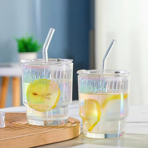 Cimvidi 2 Stück 400ml Glasbecher mit Deckel und Strohhalm, Glas Smoothie Becher mit Strohhalm, Luftdicht Wasserdicht Design Kaffeebecher Travel Mug, Eiskaffee Becher, Trinkglas (Farbe)
