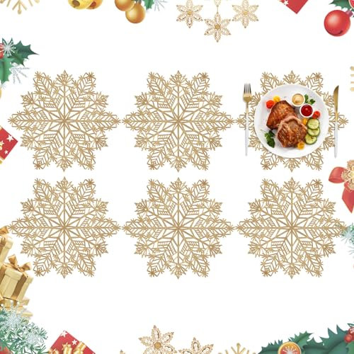Homcomodar Weihnachten Tischsets 6PCS Gold Platzsets Abwaschbar 38cm Schneeflocke Platzdeckchen Hitzebeständigem Tisch Tischsets für Küche Abendessen