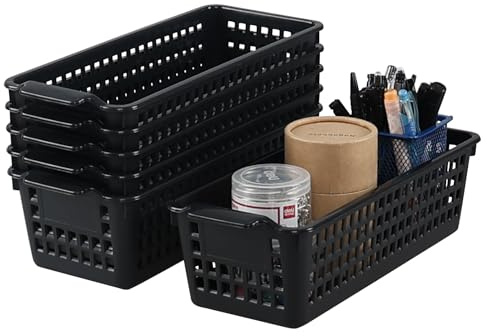Ysmiltion 6-Pack Slim Plastic Storage Baskets, Small Cupboard Basket, Black | Long Narrow Storage Basket for Kitchen, Desktop