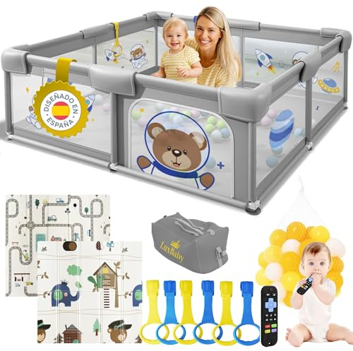 Parque Infantil Bebe 120x120cm - Alfombra Acolchada+ Juguete Mordedor+ Bolas+ 6 Anillas+ Bolsa Transporte - Parque Bebe Vista 360º - Playpen Baby Maxima Seguridad - Fácil De Montar Y Divertido