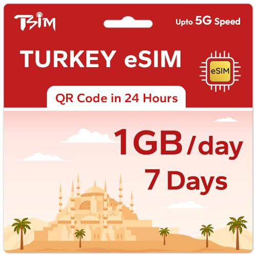 TSIM Prepaid Türkei eSIM für Reisen | 07 Tage 1 GB/Tag 5G Geschwindigkeit | Hotspot erlaubt | eSIM QR-Code per E-Mail innerhalb von 24 Stunden nach Versand gesendet | QR-Code scannen und sofort