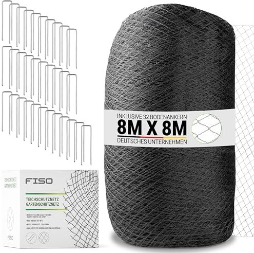 FISO® Teichnetz - 8x8m I Vogelschutznetz engmaschig, robust, witterungs- & UV-beständig I Schwarzes Teich Netz feinmaschig (15x15mm) I Netz zum Schutz von Teich, Balkon, Kirschbaum & Mehr