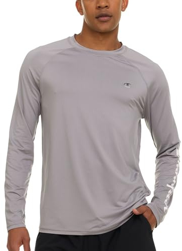 Champion Rash Guard for Men, Long Sleeve Mens Swim Shirt for Fishing Hiking UPF+ 50 SPF Sun UV Protection, Quick Dry Light Grey