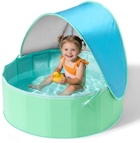 Hikiddy Planschbecken mit Schatten:31.5Zoll /47 Zoll / 63 Zoll Pop-Up Splash Pool mit Schatten für Sommer Strand Garten (Blau&Minzgrün, 80CM)
