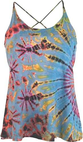 Batik Hippie Top, elastisches Damen Oberteil, farbenfrohes Design, blau | Unikat-Design, 95% Viskose, Slim Fit, handwaschbar, ideal für Sommer