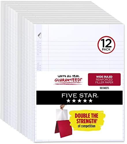 Five Star Loseblattpapier, 12 Stück, Notizpapier, breit liniert, Füllpapier, verstärkt, 8 x 10,5, 100 Blatt pro Packung (72364)