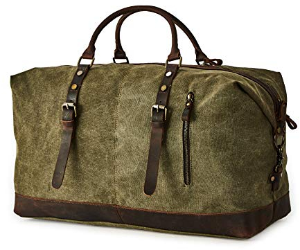 BRASS TACKS Leathercraft Vintage Reisetasche Leder Canvas Weekender Wasserdicht Robust Groß Herren Damen Handgepäck Verstellbar Schultergurt Reißverschluss Metall (Grün)