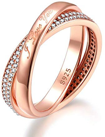 Presentski Bague Double Anneau en Argent 925,bague de Fiançailles en Plaqué or Rose avec Zirconium pour femme