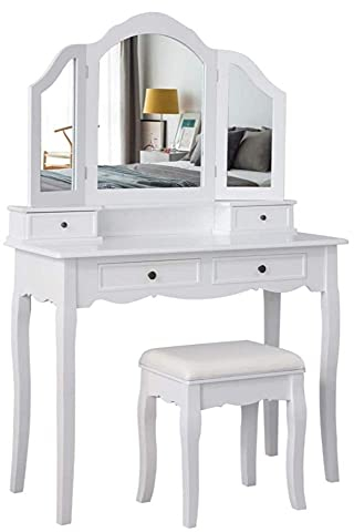 Meerveil Schminktisch mit Hocker, Frisierkommode Frisiertisch mit 3 Spiegel, 4 Schubladen, rutschfeste Aufkleber, Weiß