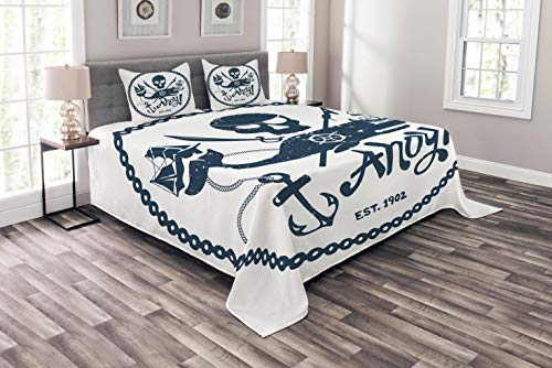 ABAKUHAUS Anker Tagesdecke Set, Nautik Piraten-Schädel, Set mit Kissenbezügen luftdurchlässig, für Doppelbetten 264 x 220 cm, Dunkelblau Weiß