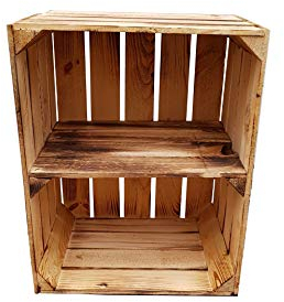 Teramico Massive Holzkisten als Schuhregal Bücherregal LEICHT GEFLAMMT mit Zwischenbrett (verschraubt) Apfelkiste Obstkiste Kisten-Regal Vintage Deko (1er Quer)
