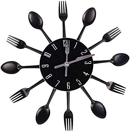 Hua Express Kitchen Wall Clock 3D Modern Creative Kitchen Cutlery Spoon Fork Timelike Wall Clock Wall Sticker Room Home Decoration (Colorful) (black)