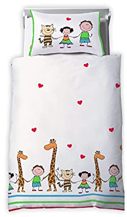 Fleuresse Dream Art Kids, Renforce-Kinder-Bettwäsche, fröhliches Kindermotiv mit Giraffen und Katzen, Hand in Hand, gestreifte Bettwäsche, weiß/bunt, 100 x 135 cm inkl. 40 x 60 cm Kissen