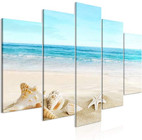 decomonkey Bilder Strand Meer 200x100 cm 5 Teilig Leinwandbilder Bild auf Leinwand Wandbild Kunstdruck Wanddeko Wand Wohnzimmer Wanddekoration Deko Schale