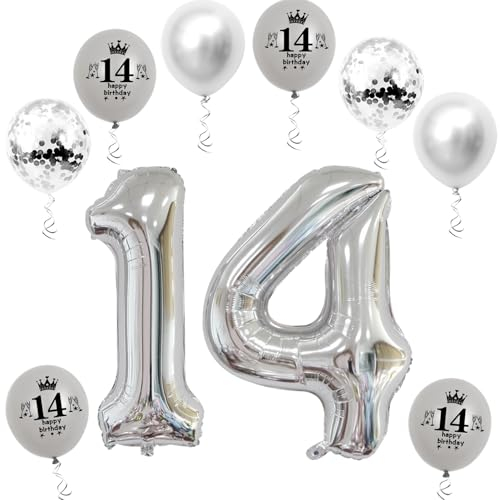 XL Folienballon 14 Geburtstag, Folienballon Zahl 14, Zahl 14 Silber, Luftballons Zahl 14, Nummer 14 Luftballon Silber, 32 Geburtstagsdeko Ballon 14